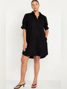 Old Navy Linen Blend Shirt Dress XXL Black Short Sleeve Button Front Relaxed Fit
